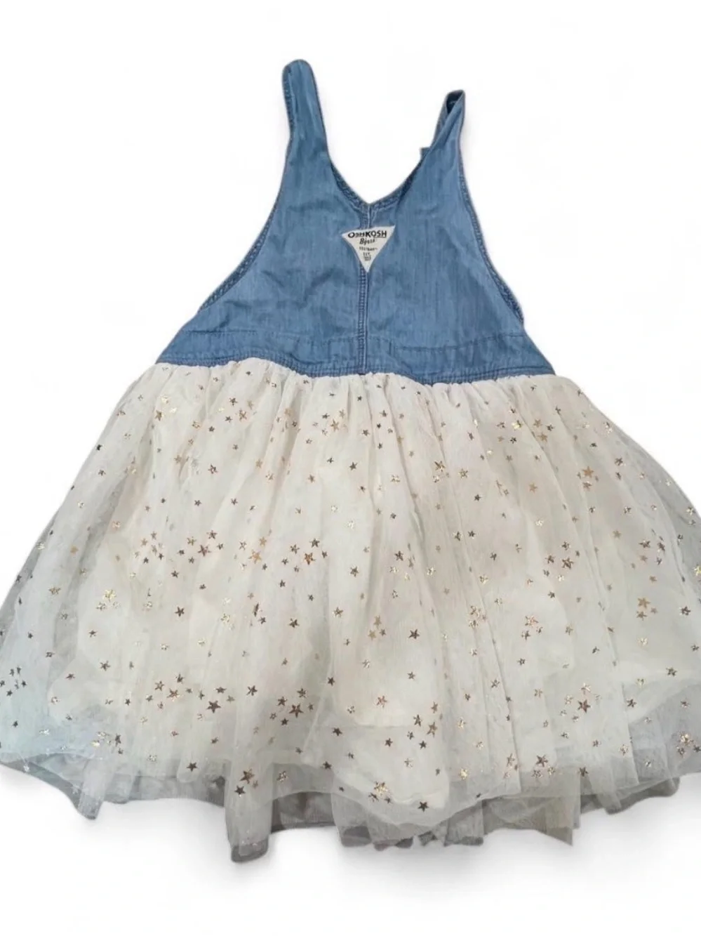 Denim Bib Tulle Dress with Gold Star Detail